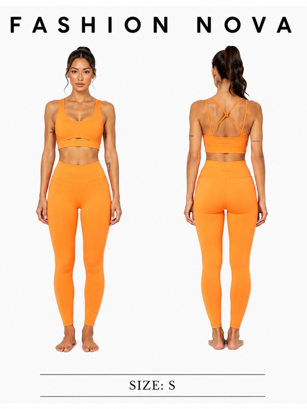NWT Fashion Nova Orange Neon high-Waist Leggings & Strappy Sports Bra Set SIZE S